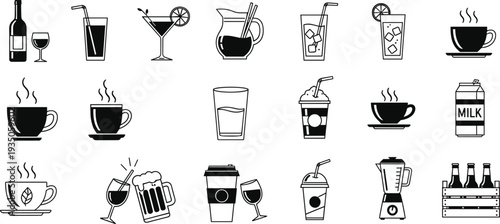 Set of beverage icons including coffee tea milk cocktails wine beer and juice in black and white minimalist line art