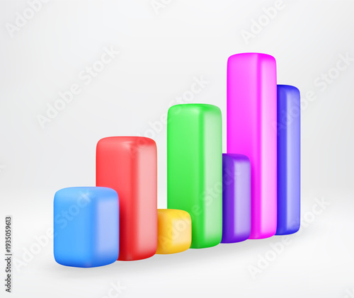 Colorful 3d bar chart showing growth. Data analysis, business investment and financial success concept for presentation slide. Vector illustration