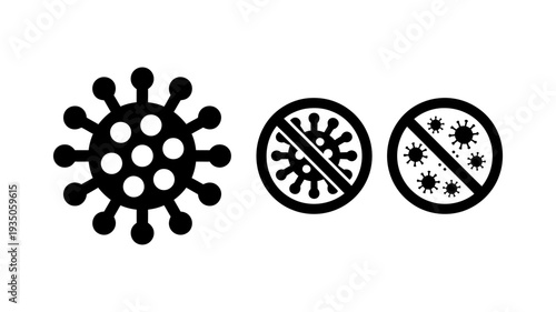 A clear visual representation of a virus icon alongside two anti-virus or virus-free warning symbols.