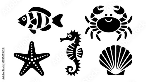 A delightful collection of five unique black silhouette icons representing diverse marine life creatures.