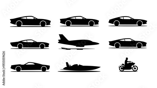 A sophisticated collection of black silhouette icons depicting various modern modes of transportation.