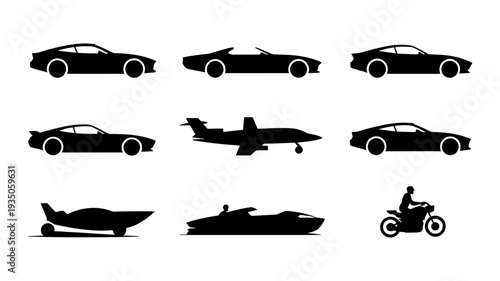 An impressive array of silhouette icons showcasing different high-performance and classic transportation vehicles.