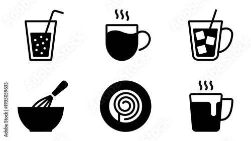 A compilation of black and white food, beverage, and kitchen tool icons including a sweet treat.