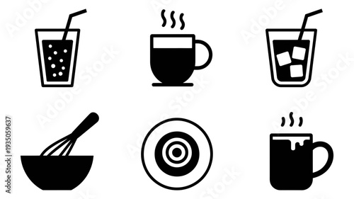 A diverse collection of black and white beverage and kitchen utility icons.