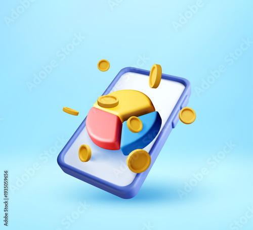 3D Mobile phone displaying a colorful pie chart with coins representing online finance management. Digital marketing and strategic planning for business. Vector illustration
