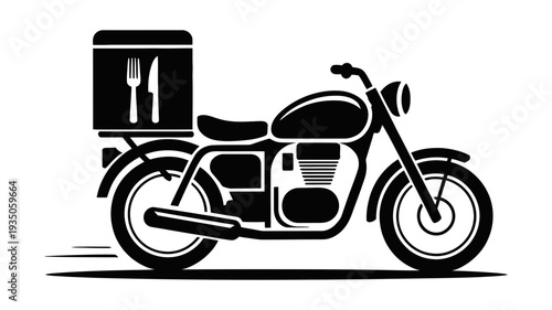 A vintage-style motorcycle equipped with a delivery box, symbolizing fast food service.