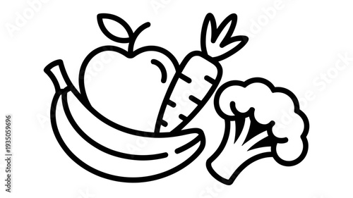 An assortment of healthy fresh fruits and vegetables are depicted together in a simple outline drawing style.