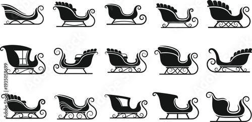 Set of black Christmas sleigh silhouettes, vintage Santa Claus sled icons, winter holiday vector illustrations for festive greeting cards, seasonal decorations, and gifts.
