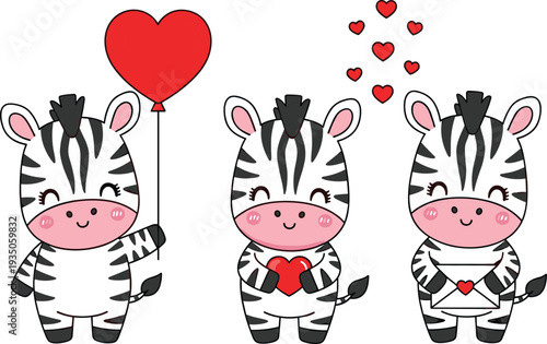 Cute zebra cartoon characters with heart and balloon, adorable safari animal mascots expressing love for Valentine greeting cards and kids design