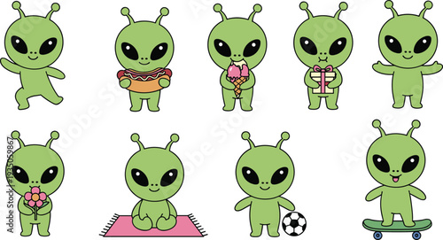 Cute green alien characters collection with funny extraterrestrial mascot doing different activities like eating, gifting, sports and yoga cartoon vector set