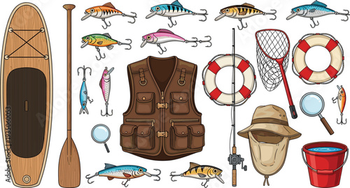 Fishing equipment collection with lures, rod, vest, paddle board, landing net, bucket and lifebuoy, recreational angling gear vector illustration set