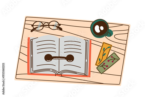 Open book with glasses, coffee cup and bookmarks on wooden table. Flat vector illustration for reading, literature theme. Cartoon style, cozy atmosphere for education and study, library design
