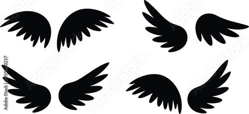 Collection of angel wing silhouettes in different shapes isolated on white background, decorative flying wings vector set for design