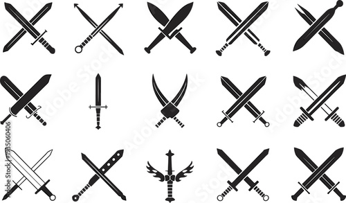 Crossed swords weapon icon collection medieval blade set warrior combat symbol vintage sword silhouettes isolated on white background