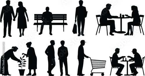 People silhouette set daily life activities walking sitting shopping dining gardening social interaction human figures isolated on white background