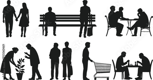People silhouette collection daily lifestyle activities walking sitting shopping dining gardening social interaction human figures isolated on white background