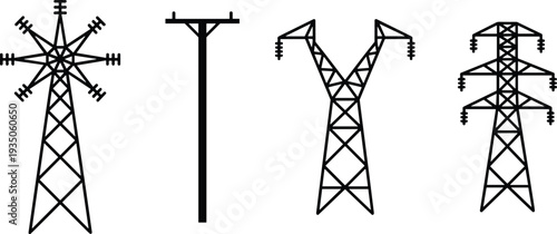 High voltage transmission towers and utility poles set, electricity power line infrastructure silhouettes isolated on white background for energy distribution concept