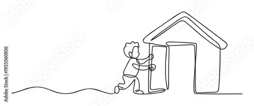 Continuous line drawing of a person opening the door to a house symbolizing new beginnings and opportunities perfect for real estate or welcoming themes for various projects
