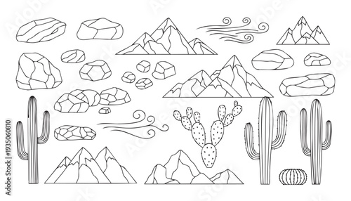Outline graphic collection of desert landscape elements with rocks, mountains, various cacti, and wind swirls, perfect for nature themed educational content or adventure graphic designs.