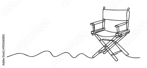 Simple continuous line drawing of a classic film directors chair with a flowing wavy line, ideal for cinema industry advertisements, entertainment events, and media production branding.