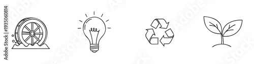 Environmental conservation and green energy icons featuring water power sustainable ideas recycling and plant growth suitable for ecological campaigns and educational materials
