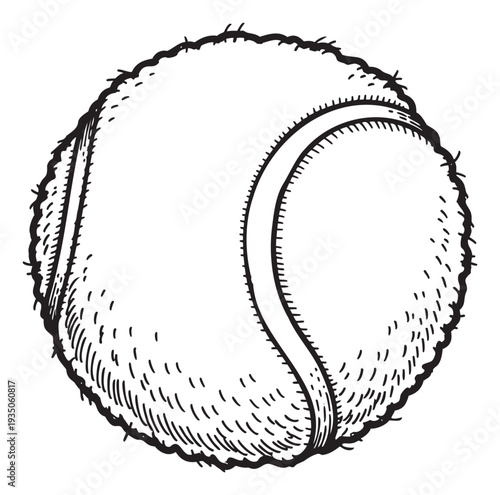 A vintage style graphic depicting a fuzzy tennis ball with prominent seams, ideal for sportsthemed branding, educational materials, or athletic event promotions.