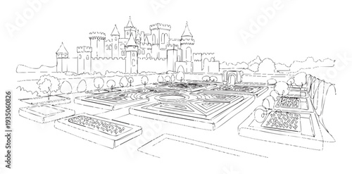Detailed architectural line drawing of an impressive castle with soaring towers and fortified walls, set above a formal garden layout, suitable for historical and landscape design