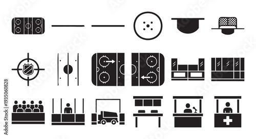 Comprehensive collection of ice hockey game elements including rink layouts, puck, goal, penalty box, players bench, Zamboni, scoreboard, and official booths for sports event graphics and