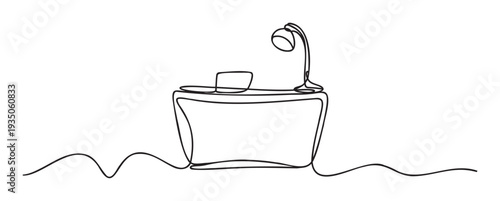 A captivating continuous line drawing depicting a modern home office setup with a laptop and desk lamp on a simple table, perfect for digital workspaces, remote learning, or minimalist