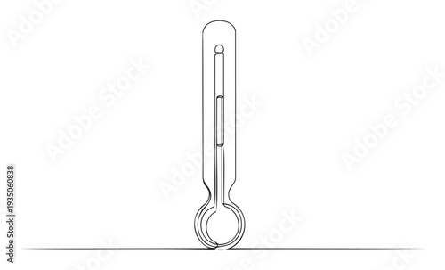 Single continuous line art of a classic mercury thermometer, symbolizing temperature measurement, useful for medical, scientific, or climate infographic content