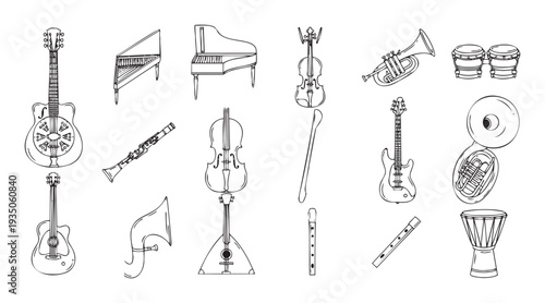 A comprehensive collection of various musical instruments in simple outline drawings, perfect for music education materials, graphic resources, and childrens books