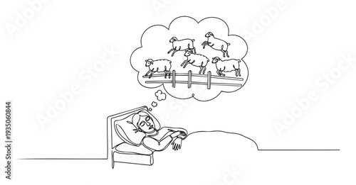 Sleepless individual trying to calm their mind by imagining multiple sheep leaping over a hurdle to promote relaxation and restful sleep concepts for health and wellness themes.
