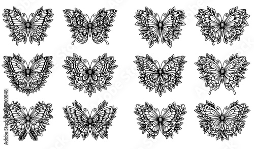 Ethnic Butterfly and Floral Mandala Line Art Set – Ornamental Tattoo Style Vector Collection