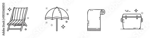 Promote summer vacation and beach holiday themes with essential travel and outdoor recreation items including a lounge chair, umbrella, rolled towel, and insulated cooler for leisure