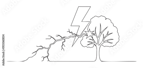 Continuous line drawing of a lightning bolt striking a tree, symbolizing sudden danger and natural power, suitable for environmental education or weatherrelated hazard communication