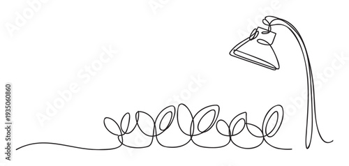 Single line drawing portraying a modern study lamp emerging from a series of connected fluid shapes, ideal for adding unique visual appeal to various media.