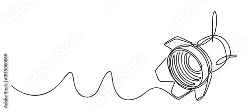 A single continuous line drawing of a stage spotlight capturing the essence of theatrical performance and cinematic lighting for events, media, and entertainment industry branding.