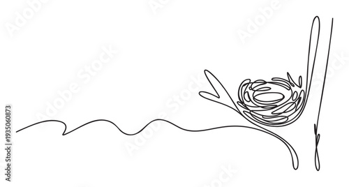 Elegant continuous line drawing depicting a birds nest nestled on a tree branch, perfect for nature themed graphics, simple logos, or minimalist home decor accents.