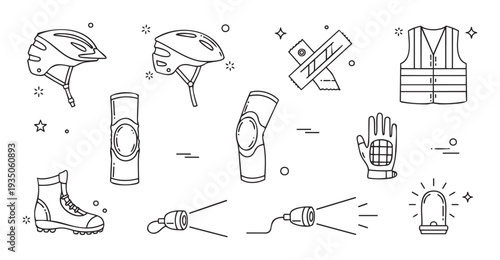 Comprehensive collection of essential safety and protective gear including helmets, pads, vest, boot, flashlights, and warning light for various sports and work applications