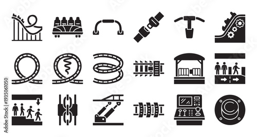Comprehensive collection of roller coaster and amusement park ride icons depicting thrilling tracks, safety harnesses, and operational components for themed designs and entertainment