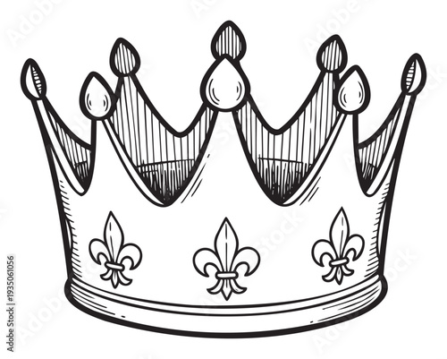 Stylized black and white drawing of a classic imperial crown adorned with fleur de lis decorations and gems ideal for historical documents posters or emblem designs