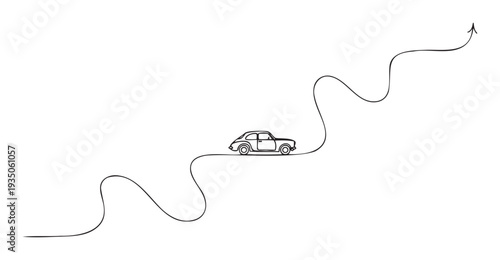 Minimalist line drawing of a small car moving up a winding path that transitions into an arrow, perfect for representing a journey, progress, growth, or achieving goals.