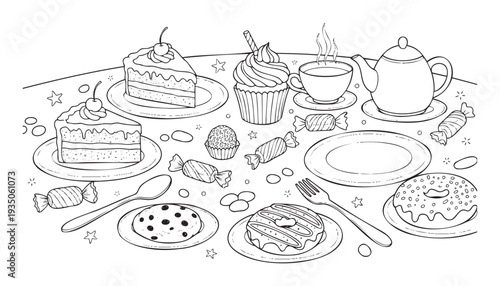 A delightful black and white outline drawing of a sweet dessert spread featuring cakes, cupcakes, donuts, cookies, and candies, perfect for childrens coloring books or event invitations.