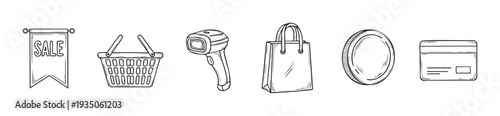 Essential shopping and retail icons depicting commerce activities like sales, payment, and product scanning for various marketing and business applications.