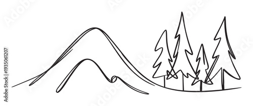 Simple line drawing depicting a serene mountain range with coniferous trees, ideal for outdoor adventure themes, travel marketing, natureinspired branding, or educational materials