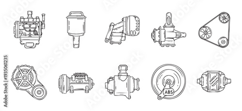 Detailed line drawing collection of automotive engine and chassis parts such as carburetors, oil filters, drive belts, and braking system components for mechanic and auto repair shop visual