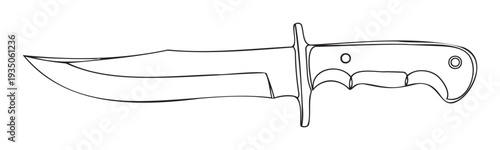 Detailed black outline drawing of a robust survival knife with a sharp fixed blade and ergonomically designed handle suitable for military, hunting, and outdoorthemed projects.