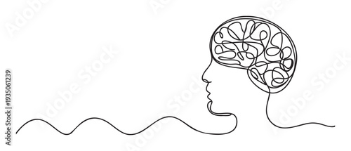Continuous line drawing of a human head with a complex tangled brain representing deep thought or mental processes ideal for psychological studies or abstract concepts