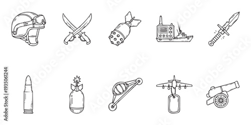 A comprehensive collection of hand drawn military equipment and combat weapon symbols, perfect for historical war game graphics or educational defense force material.