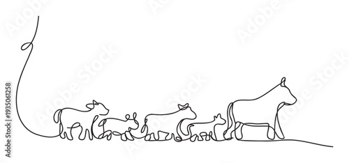 Continuous line drawing depicting a family of cattle or cows and calves walking together, perfect for farmthemed branding, educational materials, or agricultural business promotions.